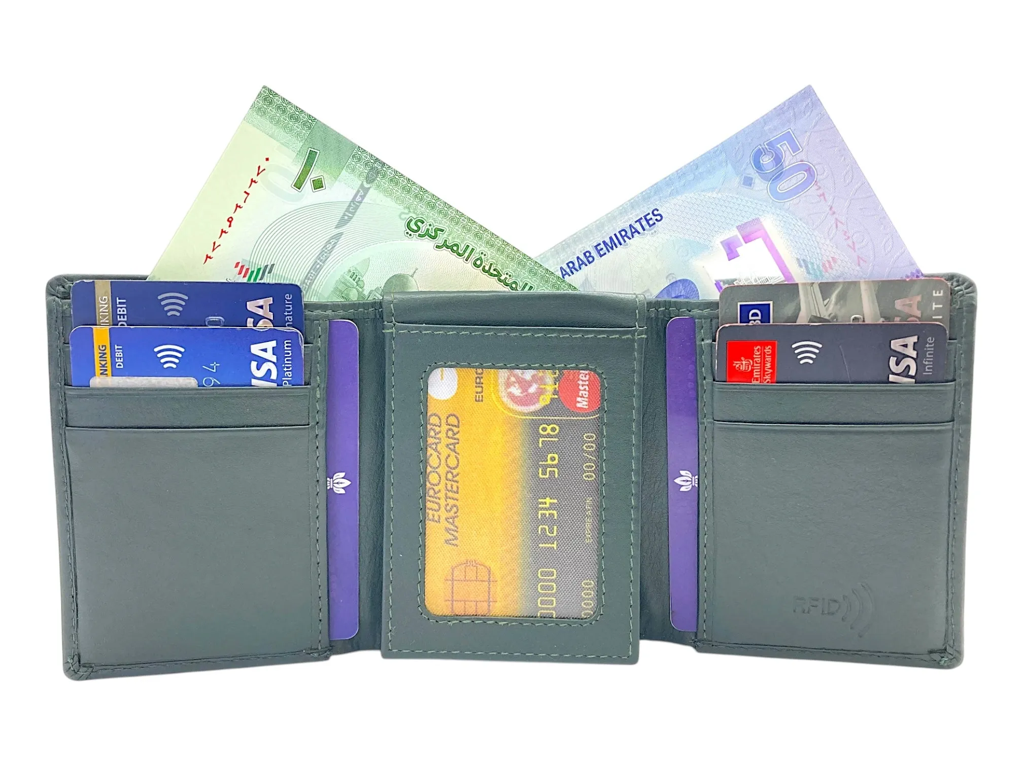 Trifold Wallet RFID Slim Wallets 10 Card Double Stitch # 1159 [Elastic]