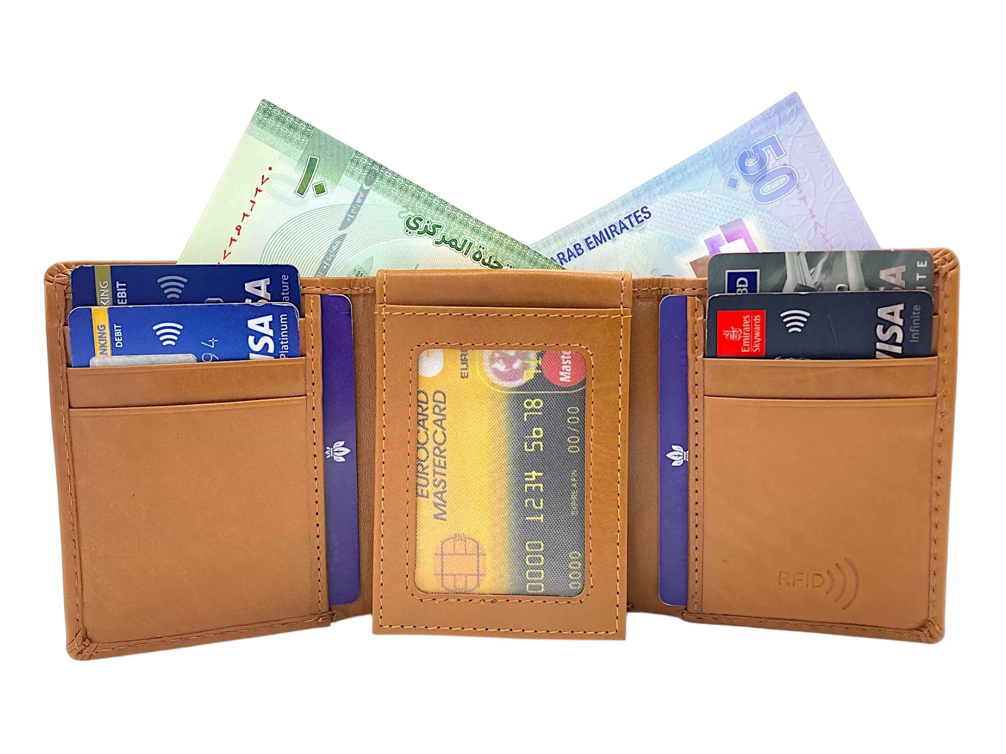 Trifold Wallet RFID Slim Wallets 10 Card Double Stitch # 1159 [Elastic]