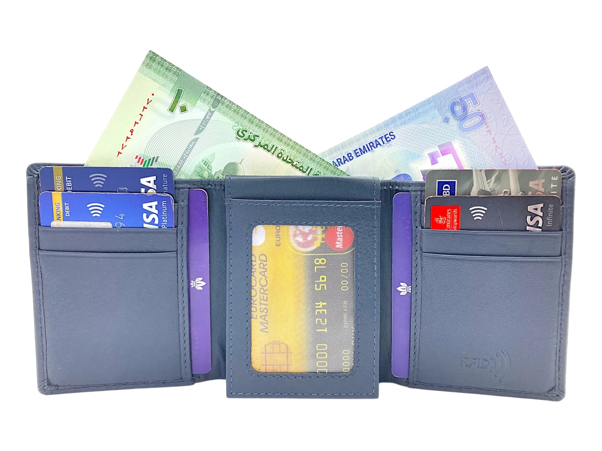 Trifold Wallet RFID Slim Wallets 10 Card Double Stitch # 1159 [Elastic]