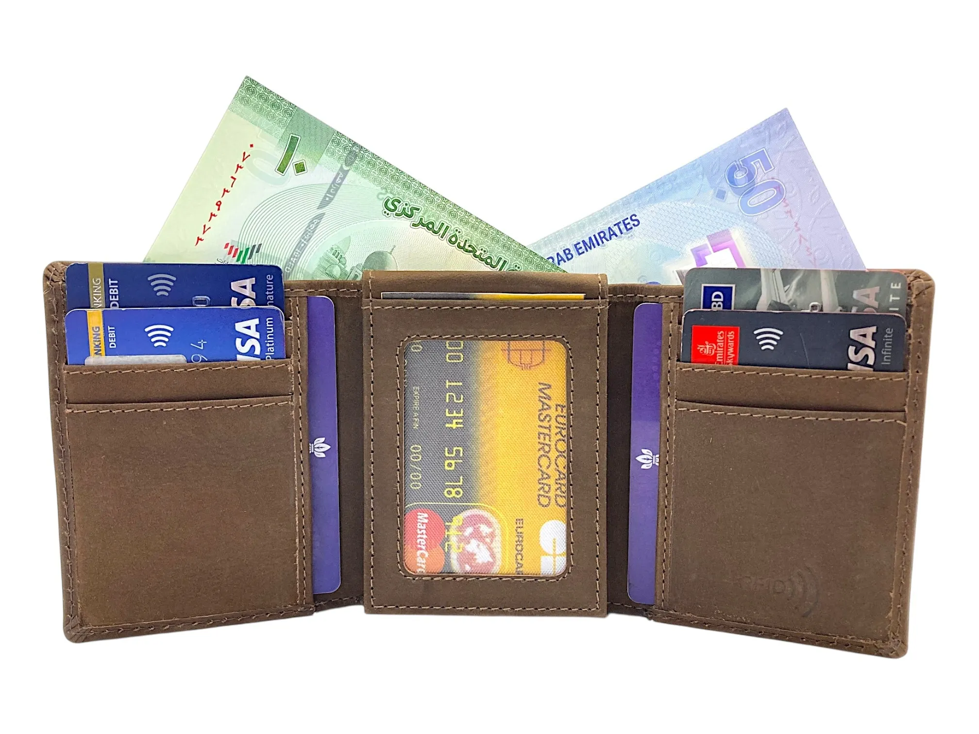 Trifold Wallet RFID Slim Wallets 10 Card Double Stitch # 1159 [Elastic]