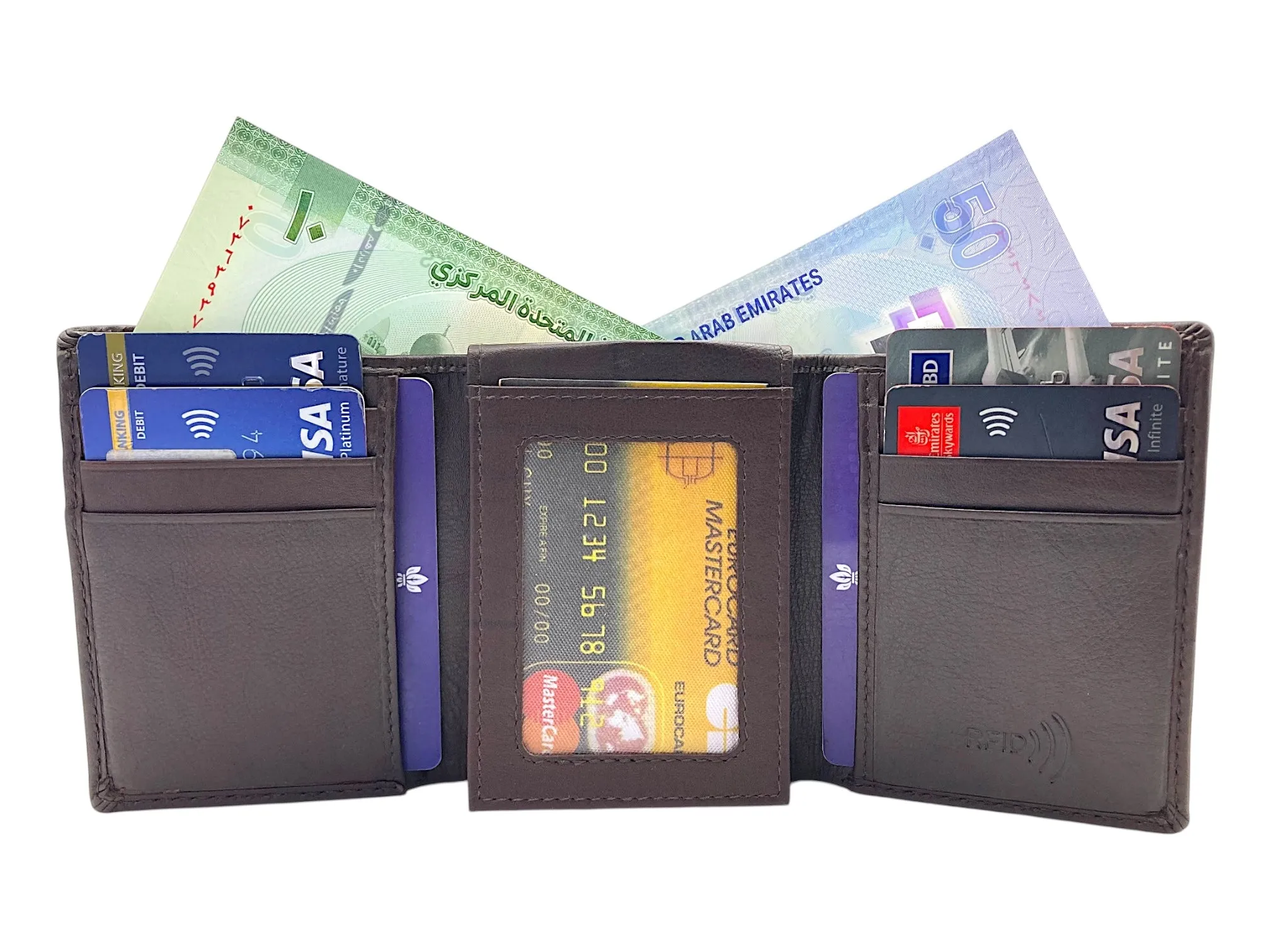 Trifold Wallet RFID Slim Wallets 10 Card Double Stitch # 1159 [Elastic]
