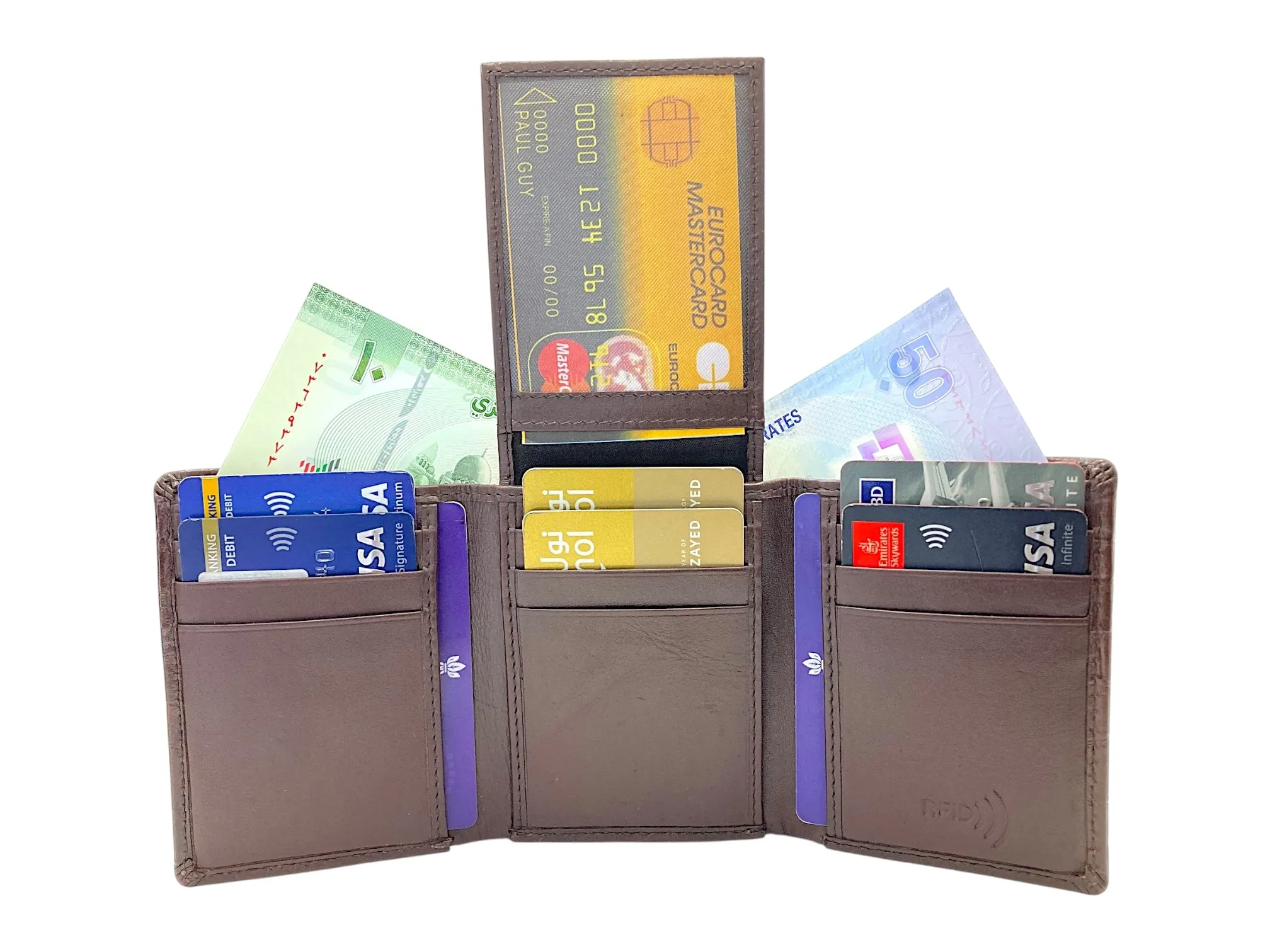 Trifold Wallet RFID Slim Wallets 10 Card Double Stitch # 1159 [Elastic]