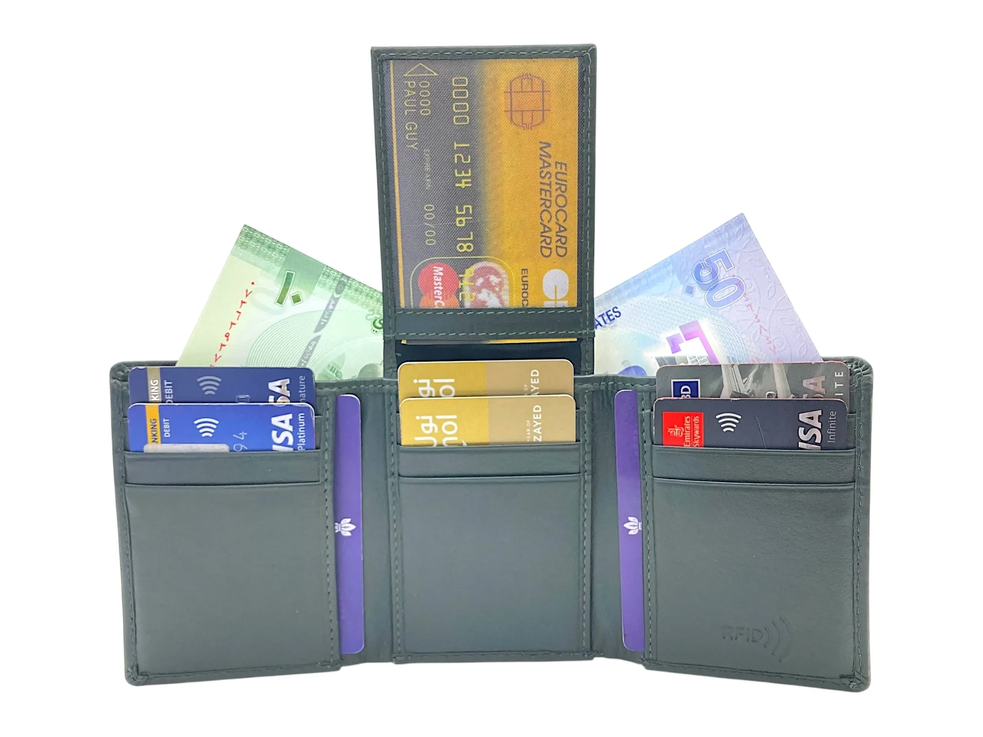 Trifold Wallet RFID Slim Wallets 10 Card Double Stitch # 1159 [Elastic]