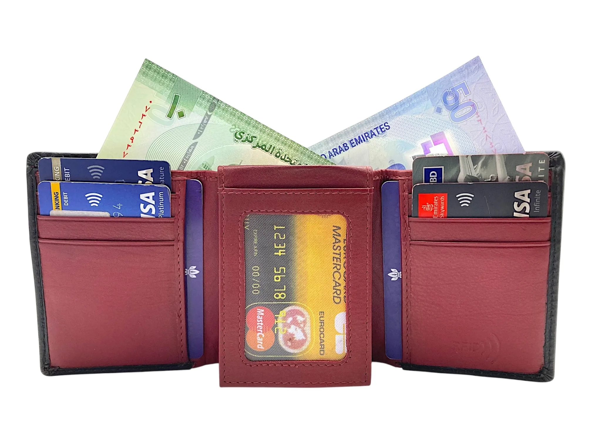 Trifold Wallet RFID Slim Wallets 10 Card Double Stitch # 1159 [Elastic]