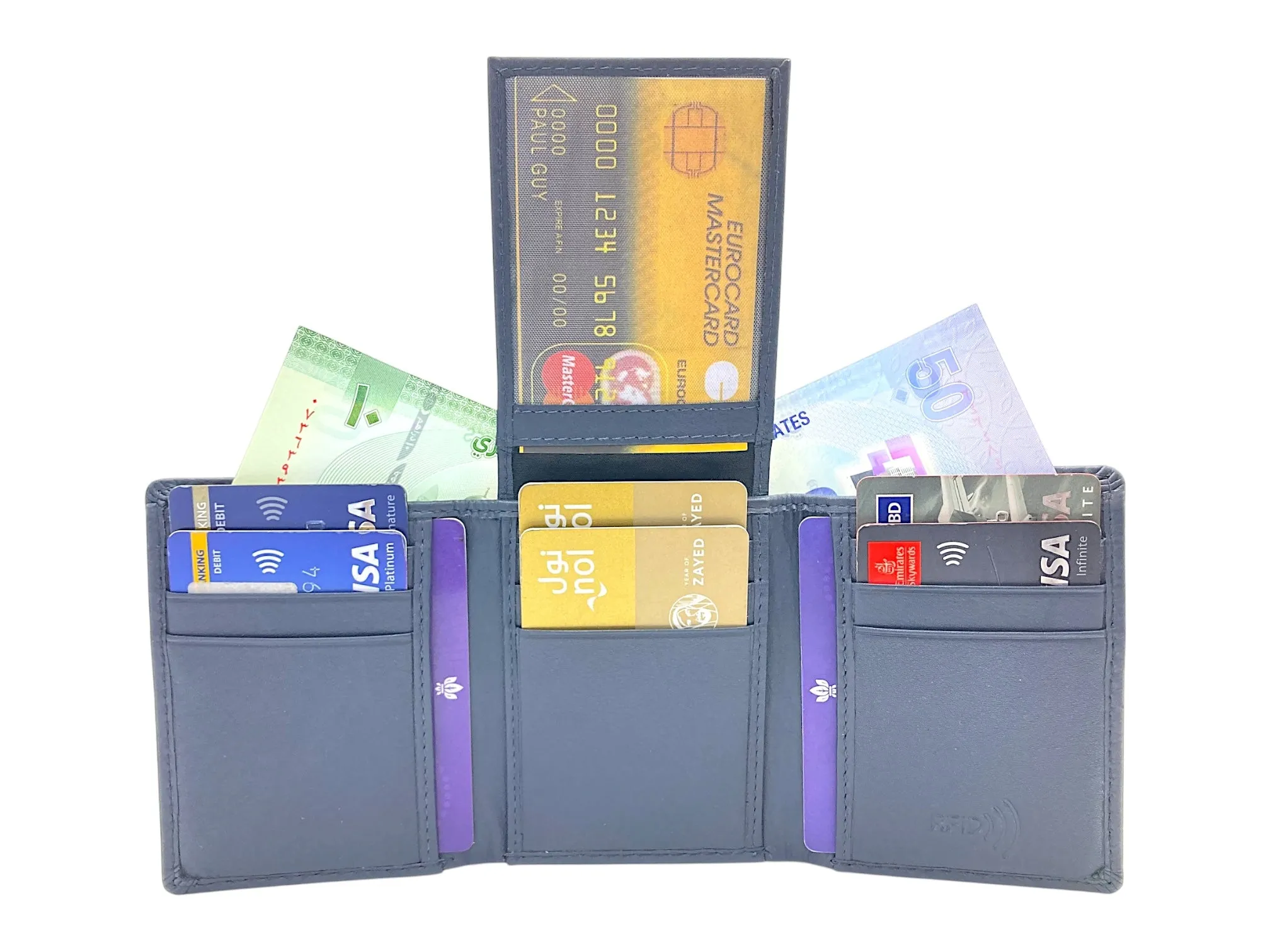 Trifold Wallet RFID Slim Wallets 10 Card Double Stitch # 1159 [Elastic]