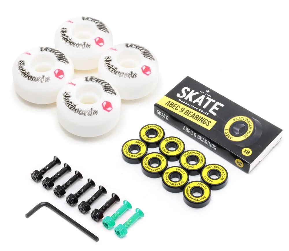 Venom Skateboards Logo White Skateboard Wheels & Skatewarehouse ABEC 9 Bearings Pack   Bolts!