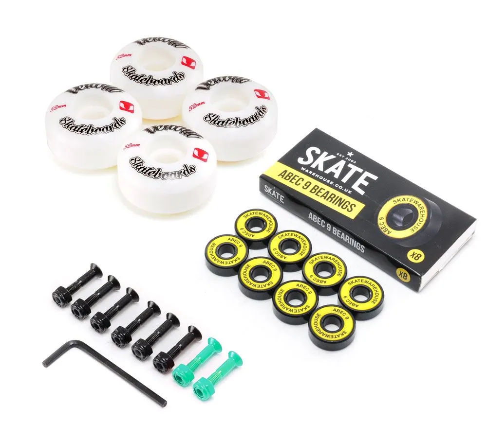 Venom Skateboards Logo White Skateboard Wheels & Skatewarehouse ABEC 9 Bearings Pack   Bolts!