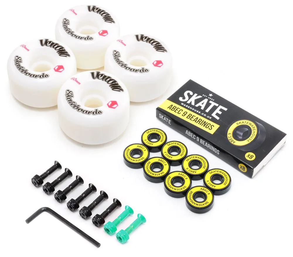 Venom Skateboards Logo White Skateboard Wheels & Skatewarehouse ABEC 9 Bearings Pack   Bolts!