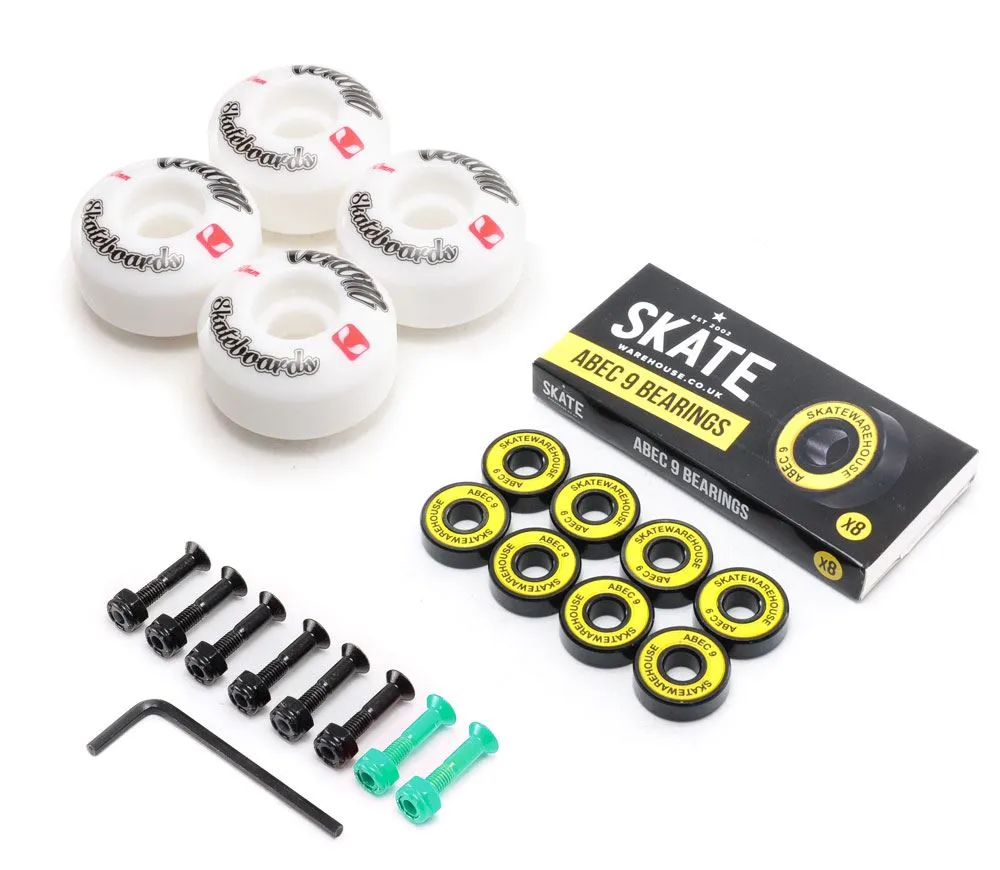 Venom Skateboards Logo White Skateboard Wheels & Skatewarehouse ABEC 9 Bearings Pack   Bolts!