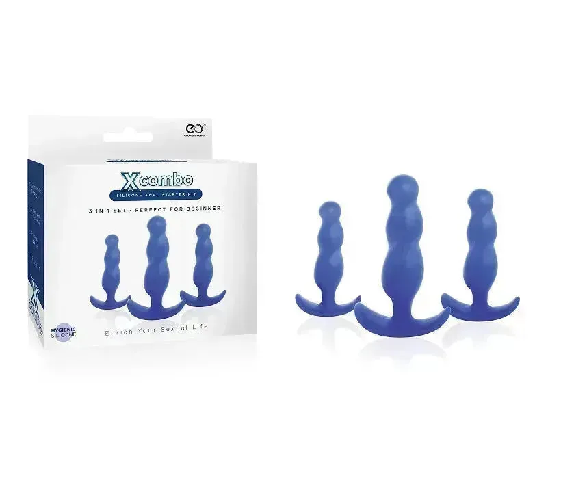 X COMBO SILICONE BUTT PLUG 3PC SET BLUE
