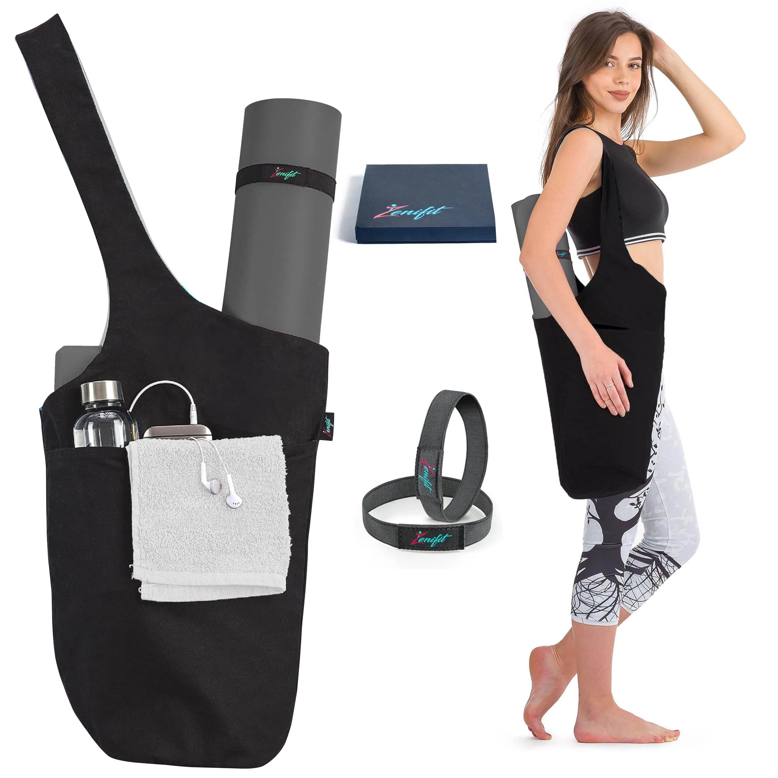 Zenifit Yoga Mat Bag, Long Tote with Pockets for your Yoga Accessories, Yoga Bag with Bonus Yoga Mat Strap Elastics, Holds your Pilates Mat, Color: Full Black Yoga Mat Carrier